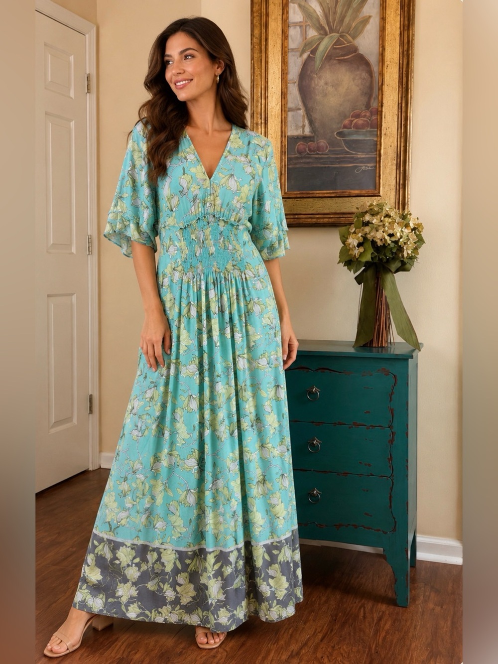 Bl^nk Sheer Floral Maxi Dress | Medium (Runs Large) | Boho Flutter Sleeve